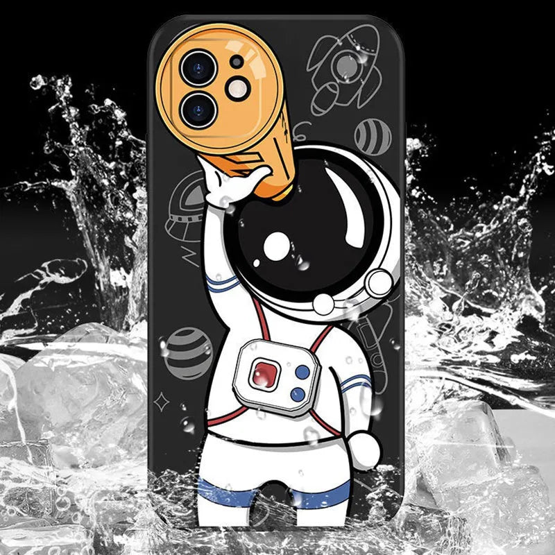 Silicone iPhone case with cartoon astronaut and starry sky design in black, khaki, or blue