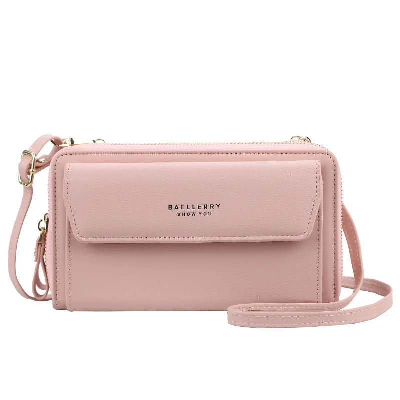 Soft PU leather ladies long wallet with double zip, shown in one of six colours, featuring a horizontal square shape.