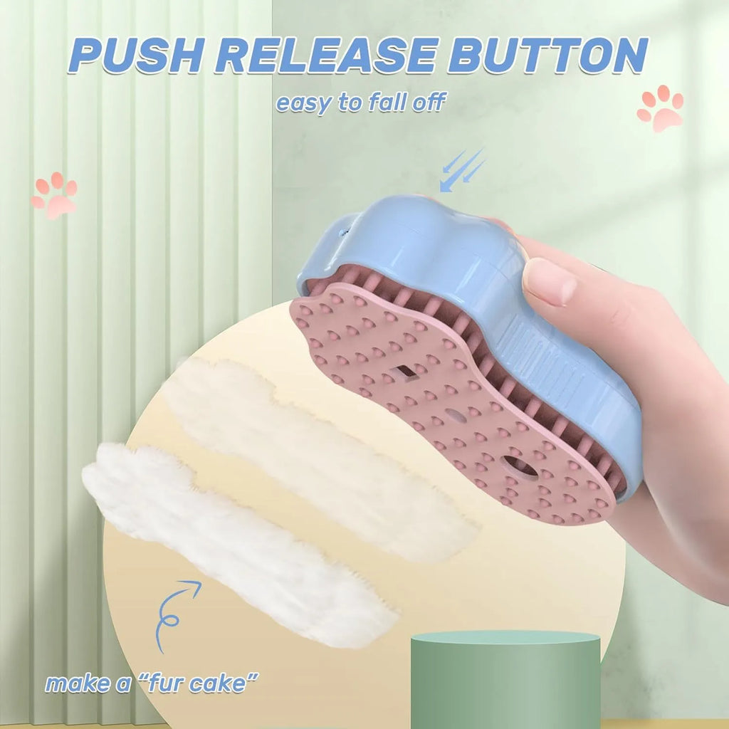 Self-cleaning cat steam brush with silicone bristles and release button in blue, green, or pink colours