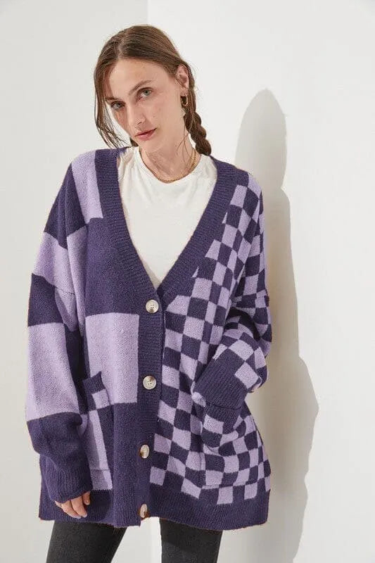 Women's printed check knitted cardigan in loose slim fit with regular sleeves