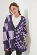 Women's printed check knitted cardigan in loose slim fit with regular sleeves