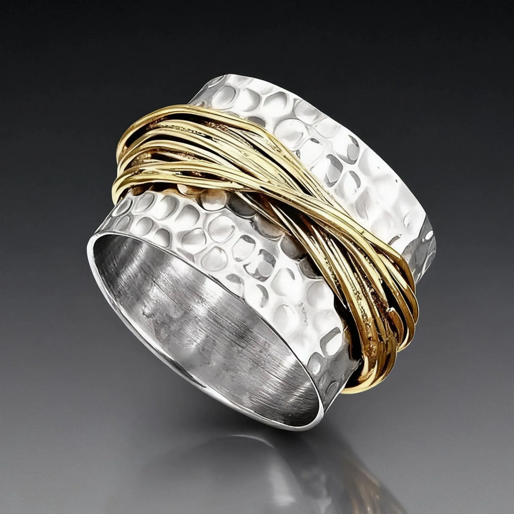 Two-tone hammered metal coil ring in alloy, sizes 6 to 10, electroplated finish