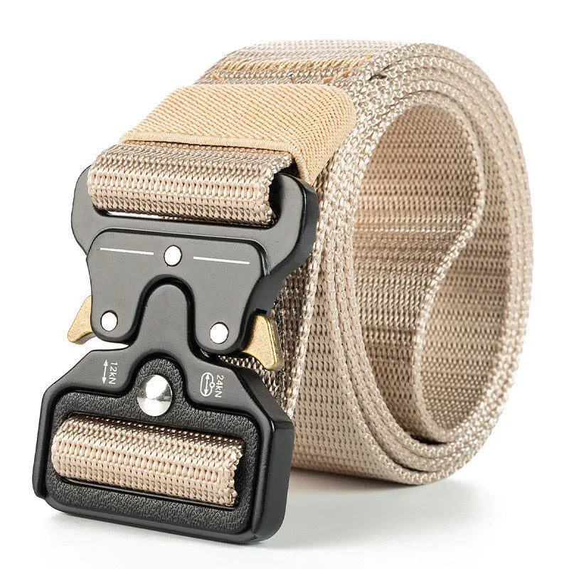 Men's thick canvas tactical belt with alloy release buckle shown in multiple colour options