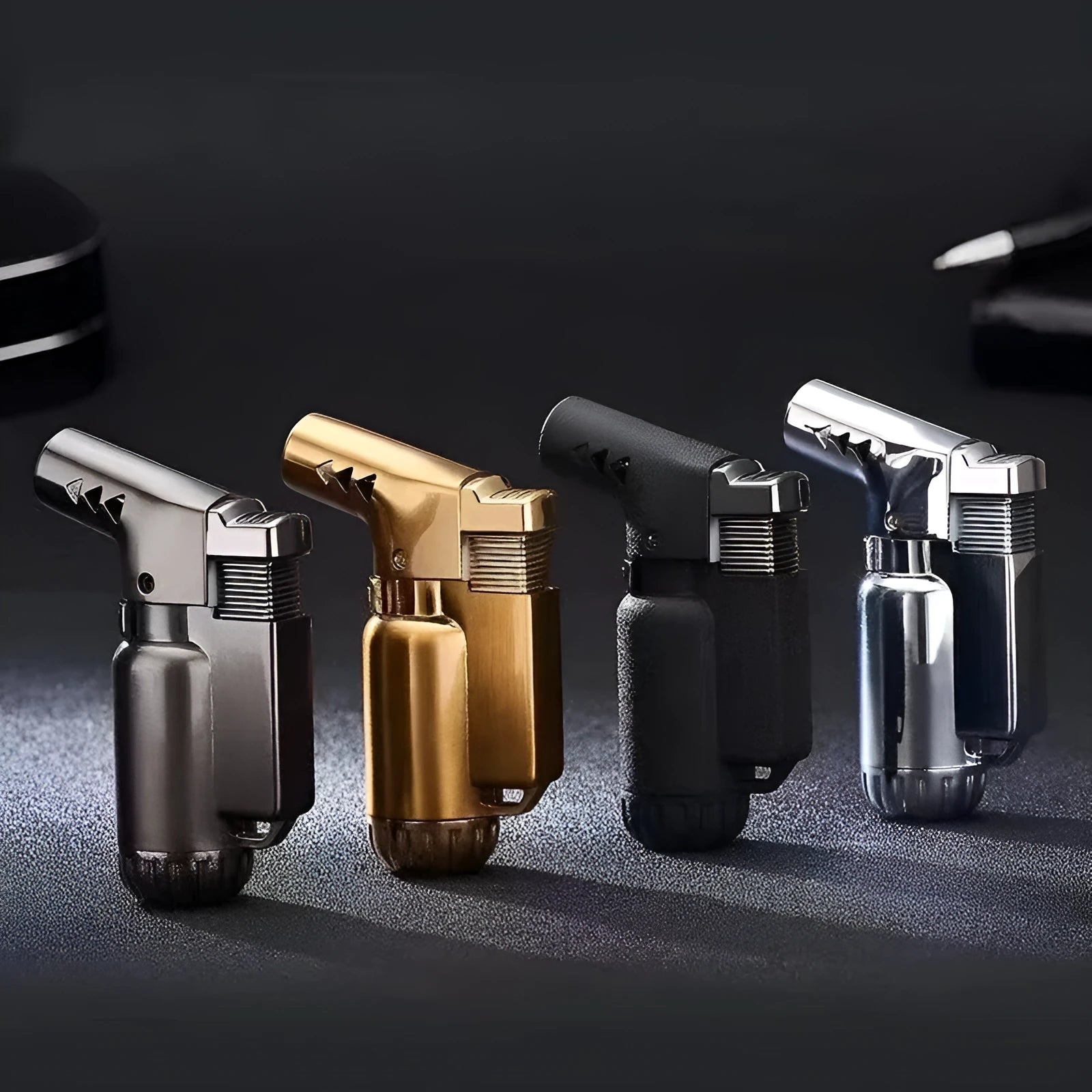HB805-1 full metal windproof lighter in black, gold, grey, or silver with elbow straight punch design.