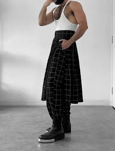 Men's plaid trousers with apron-style front panel in casual style