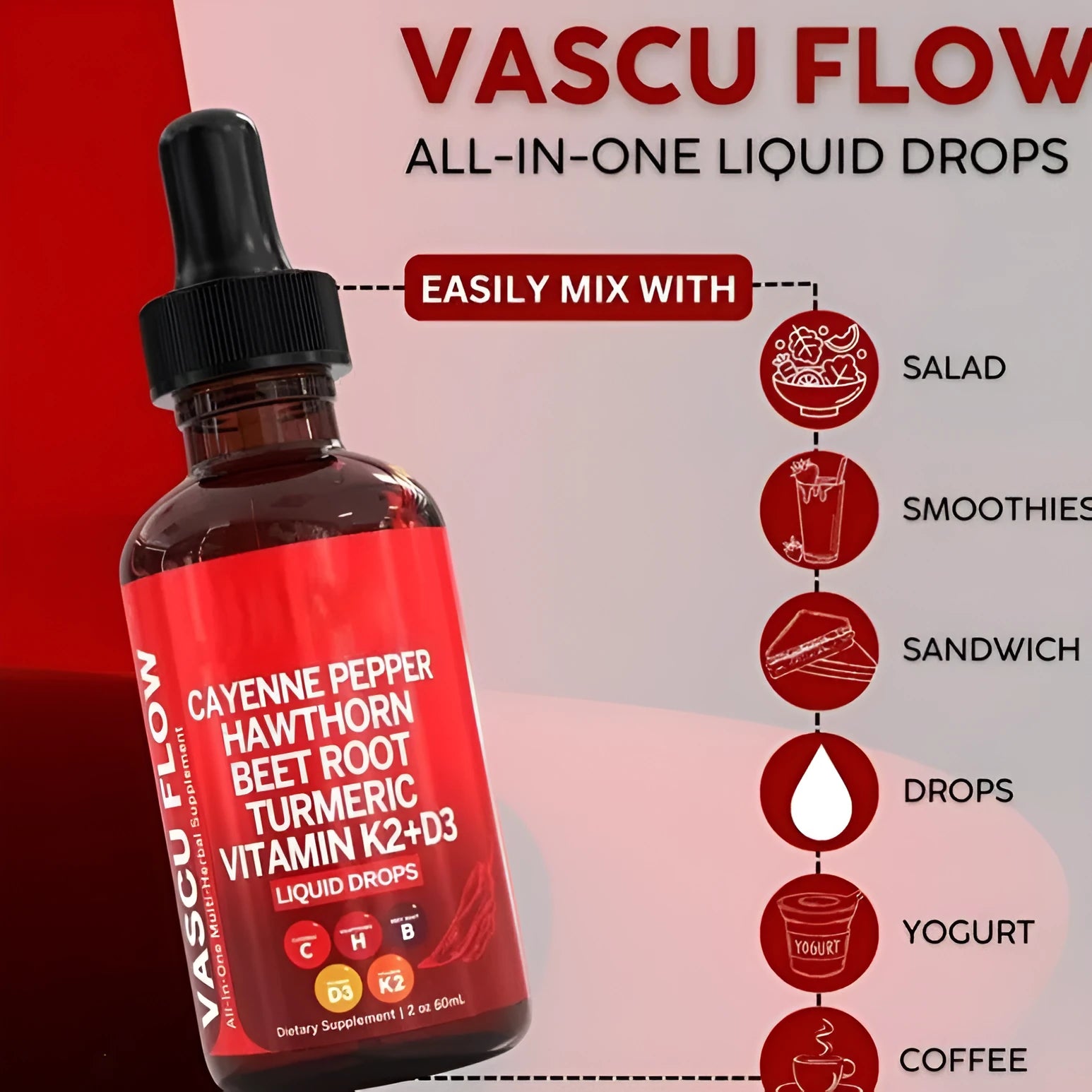 60ml bottle of Vitamin D3 and K2 supplement liquid drops with hawthorn fruit extract