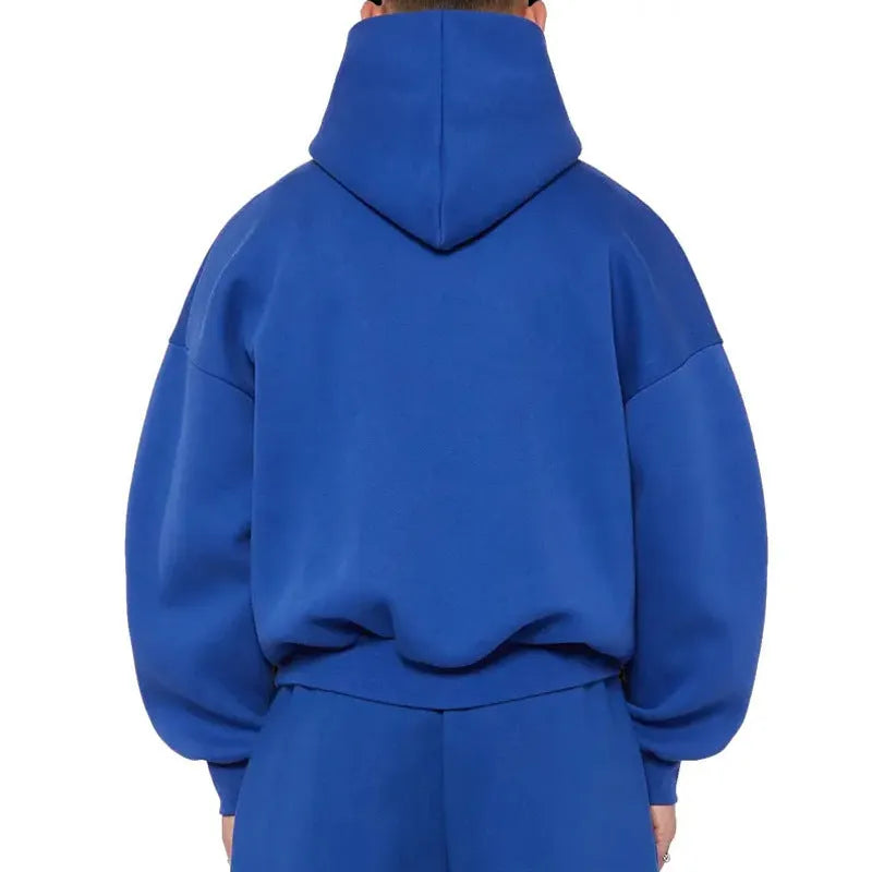 Men's grey fleece-lined cotton pullover hoodie with a wool lining and threaded long sleeves.