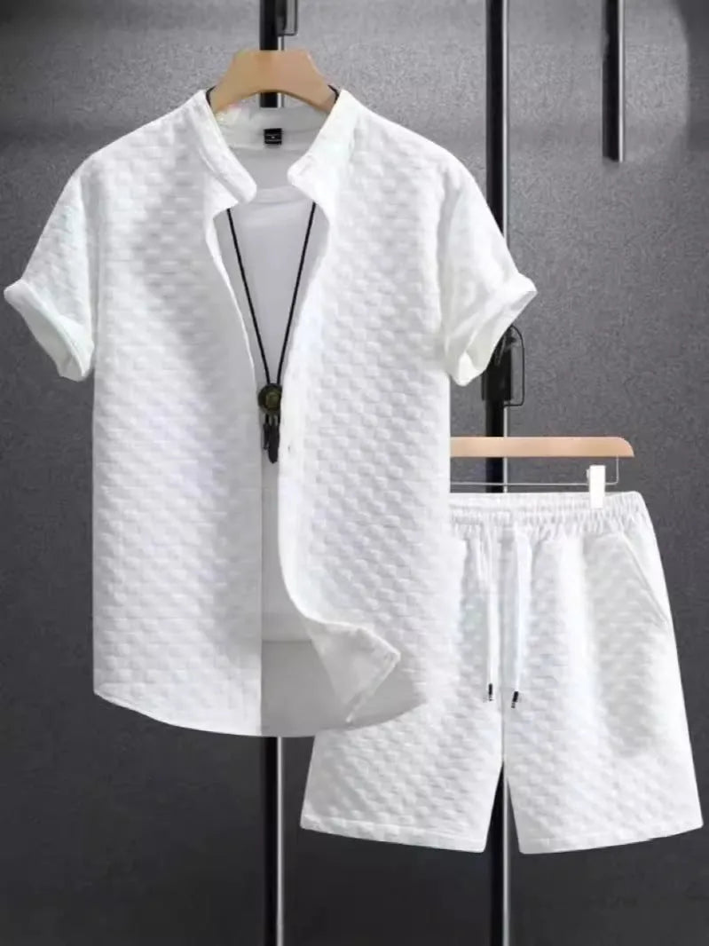 Jacquard short sleeve suit set in chemical fibre blend fabric available in beige, black, grey, or white
