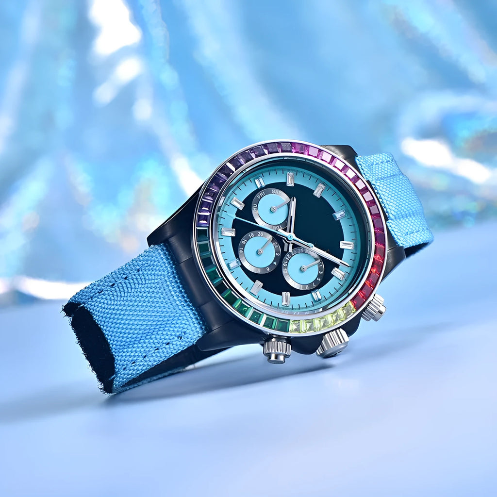 Men's fully automatic mechanical watch with stainless steel case, 40mm dial, and blue, purple, or yellow colour option.