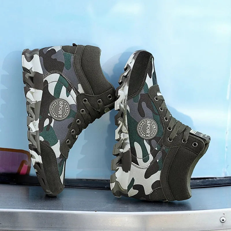 Green camouflage pattern women's canvas trainers with a raised rubber sole.