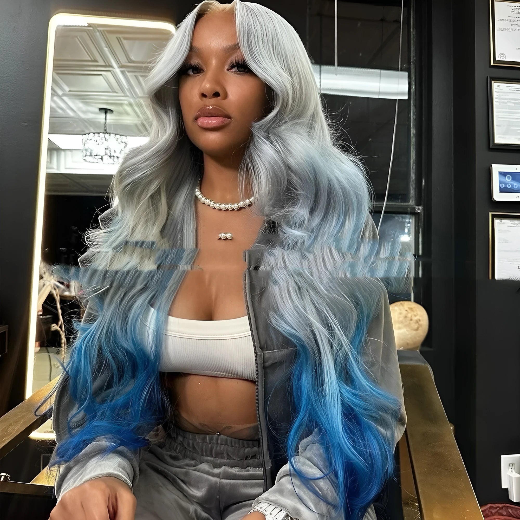 Women's grey to blue gradient human hair lace front wig in Ruili style on a mannequin head