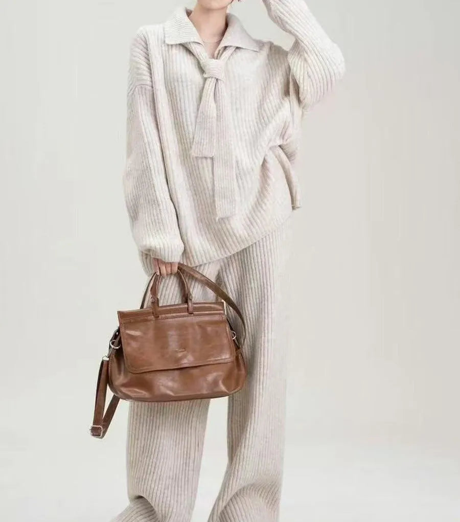 Women's imitation cashmere two-piece sweater set with knitted top and matching trousers in four colour options