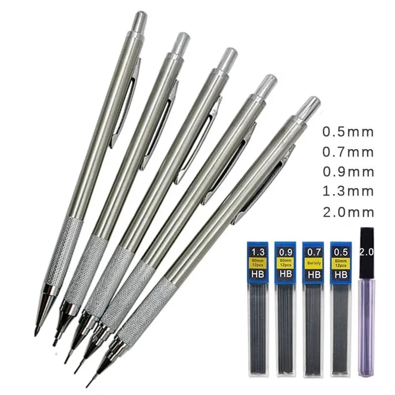 Metal automatic mechanical pencil with multiple lead size options including 0.5mm and 0.7mm