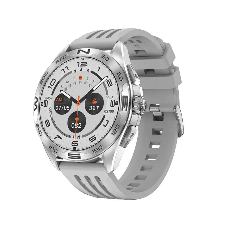 Men's smart watch displaying health metrics on screen, shown in black steel and silver colour variants.