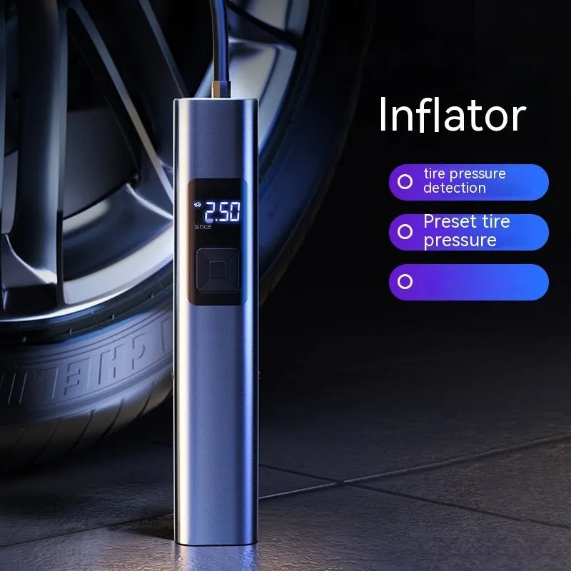 Wireless 4-in-1 car air compressor pump with digital display and LED light for tyre inflation and vacuum cleaning