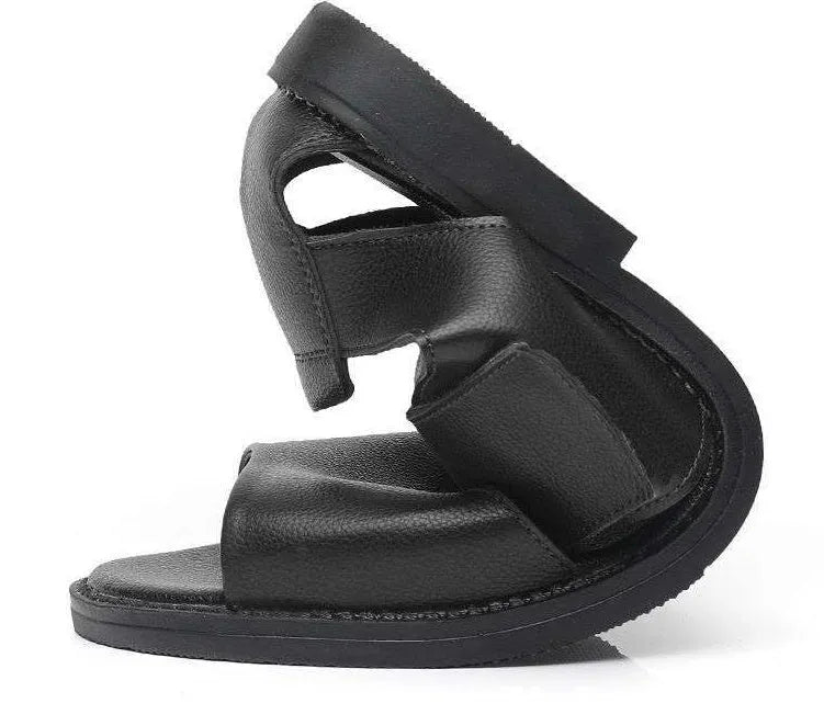 Men's black leather Roman sandals with open-toe design and rubber soles.