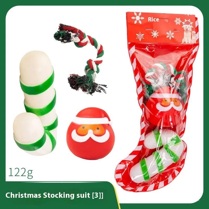 Christmas dog toys vinyl gift sets with bite ropes, tennis balls, Santa heads and festive shapes