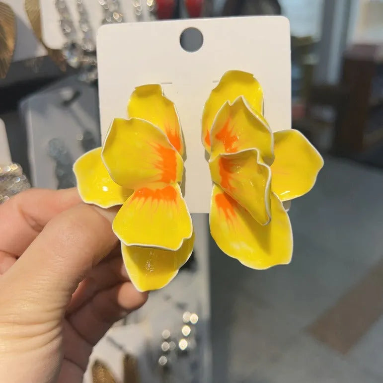 Women's alloy floral stud earrings with electroplated oil-spot glaze finish in four colour variations