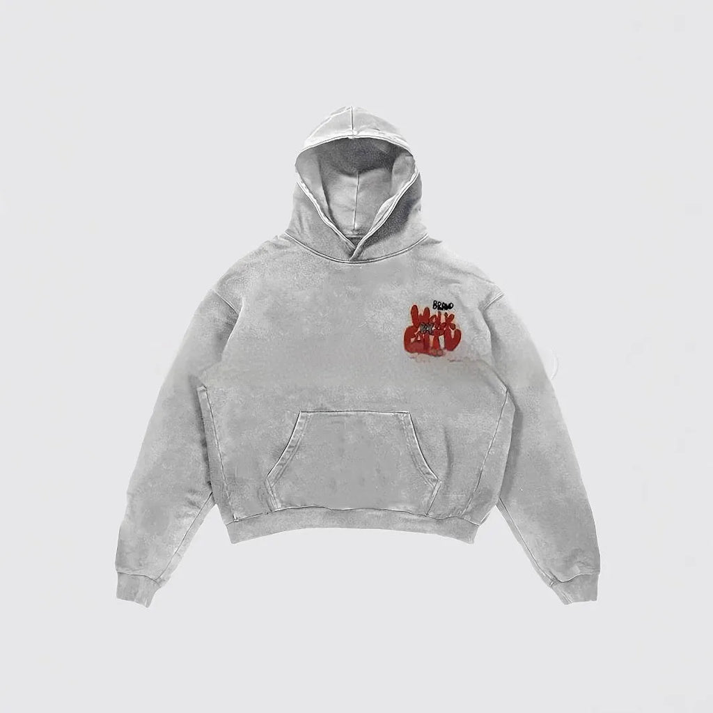 Women's granny grey hoodie with character print, front pocket, and Harajuku vintage streetwear style