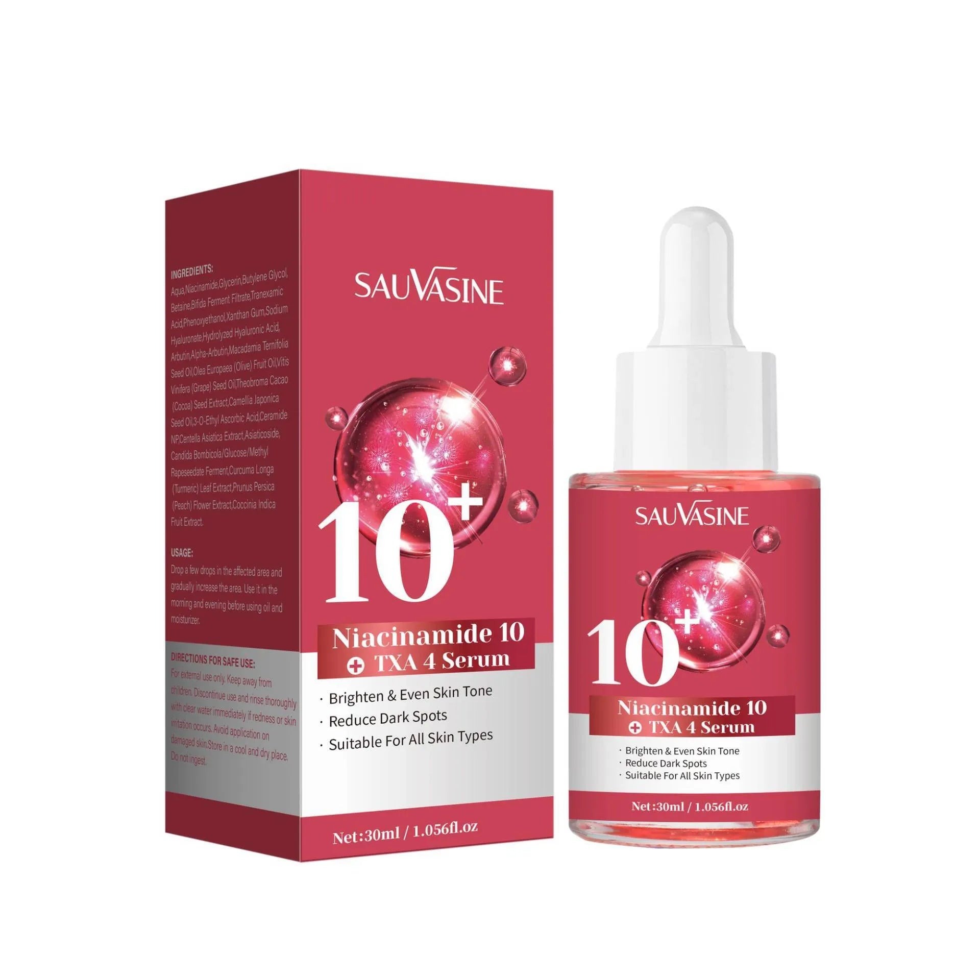 30ml bottle of niacinamide 10% and TXA 4% facial serum for hyperpigmentation treatment