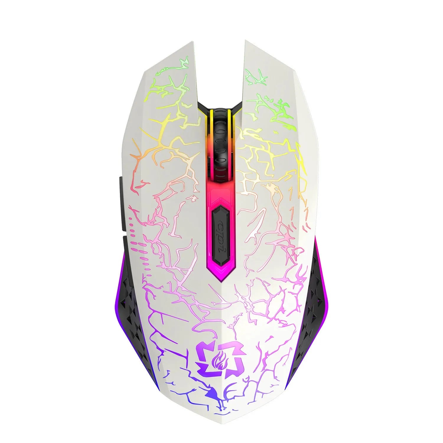 Black and white wireless gaming mouse with RGB lighting on mouse wheel