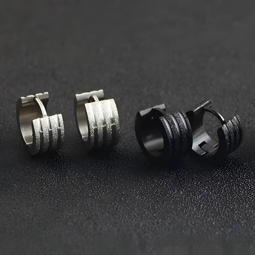 Korean style three-line frosted geometric earrings in titanium steel, showing black, gold and steel colour options