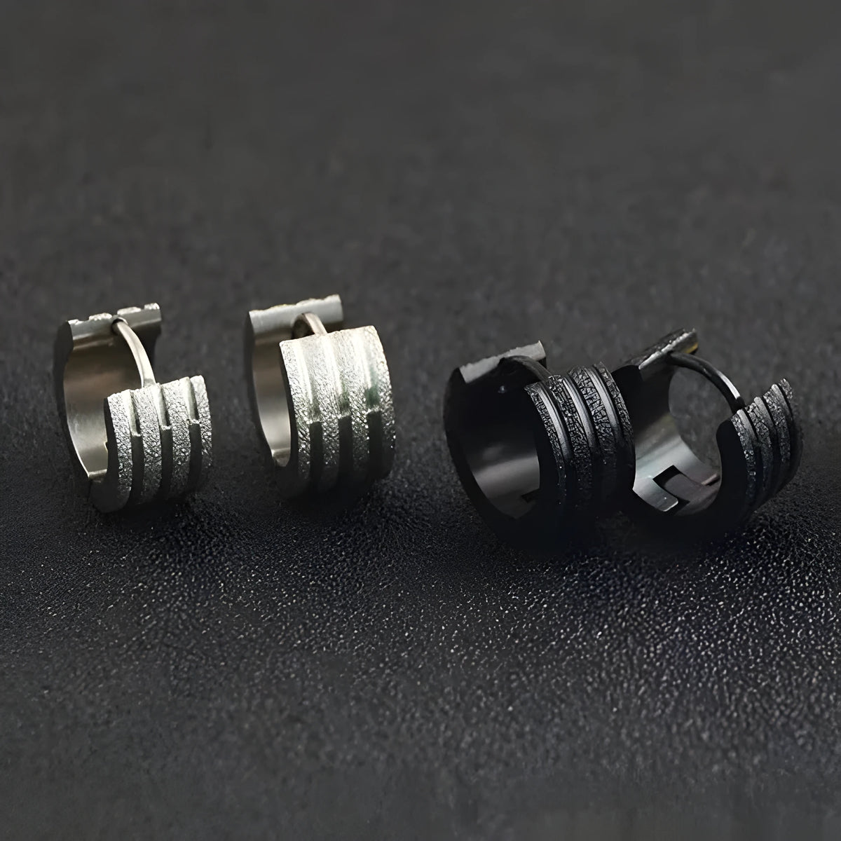 Korean style three-line frosted geometric earrings in titanium steel, showing black, gold and steel colour options