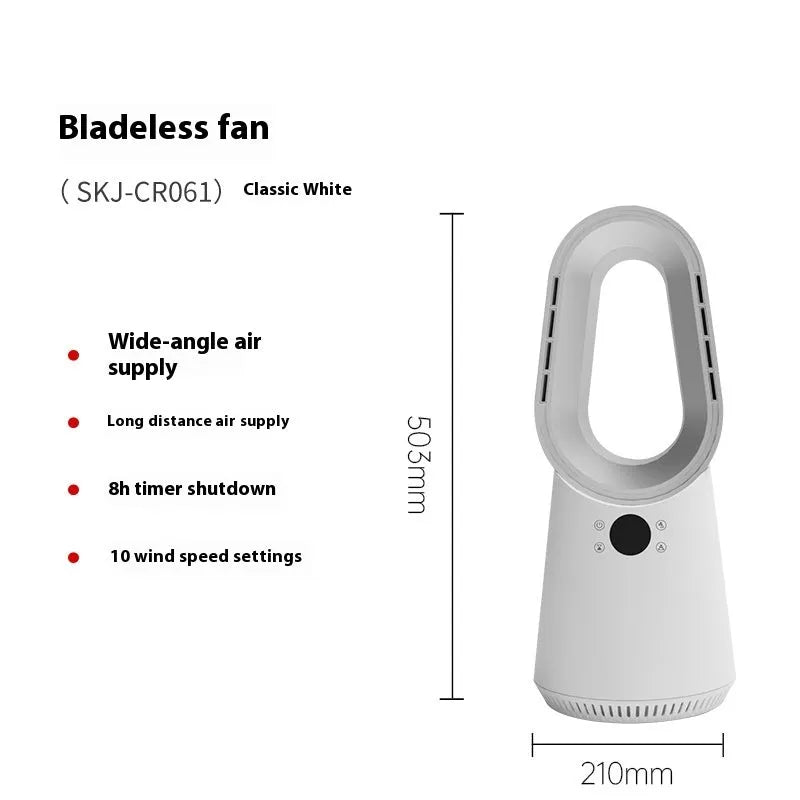 White bladeless tower floor fan with remote control on a wooden desk.