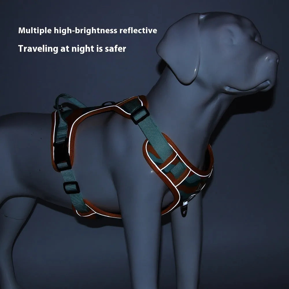 Reflective dog harness with hand holding rope in orange, army green, gray, or chocolate colours