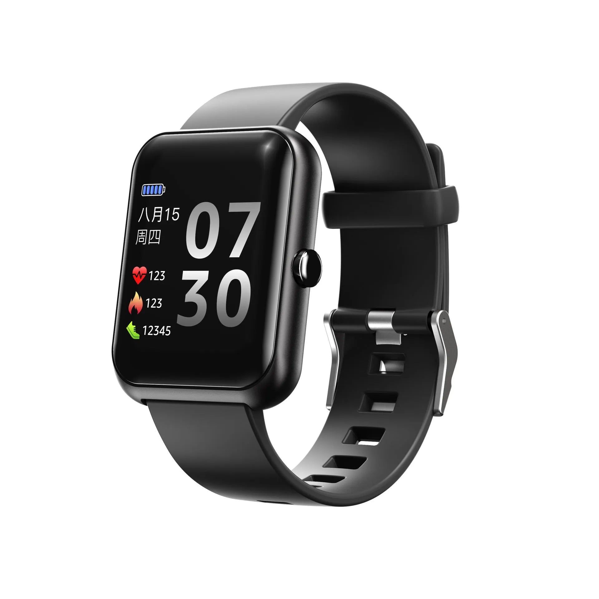 Square dial smartwatch with silicone strap and aluminium case in chosen colour.