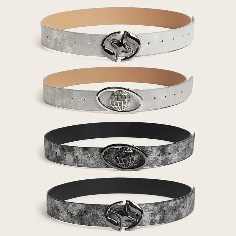 Retro women's belt with oval alloy buckle in thick PU leather