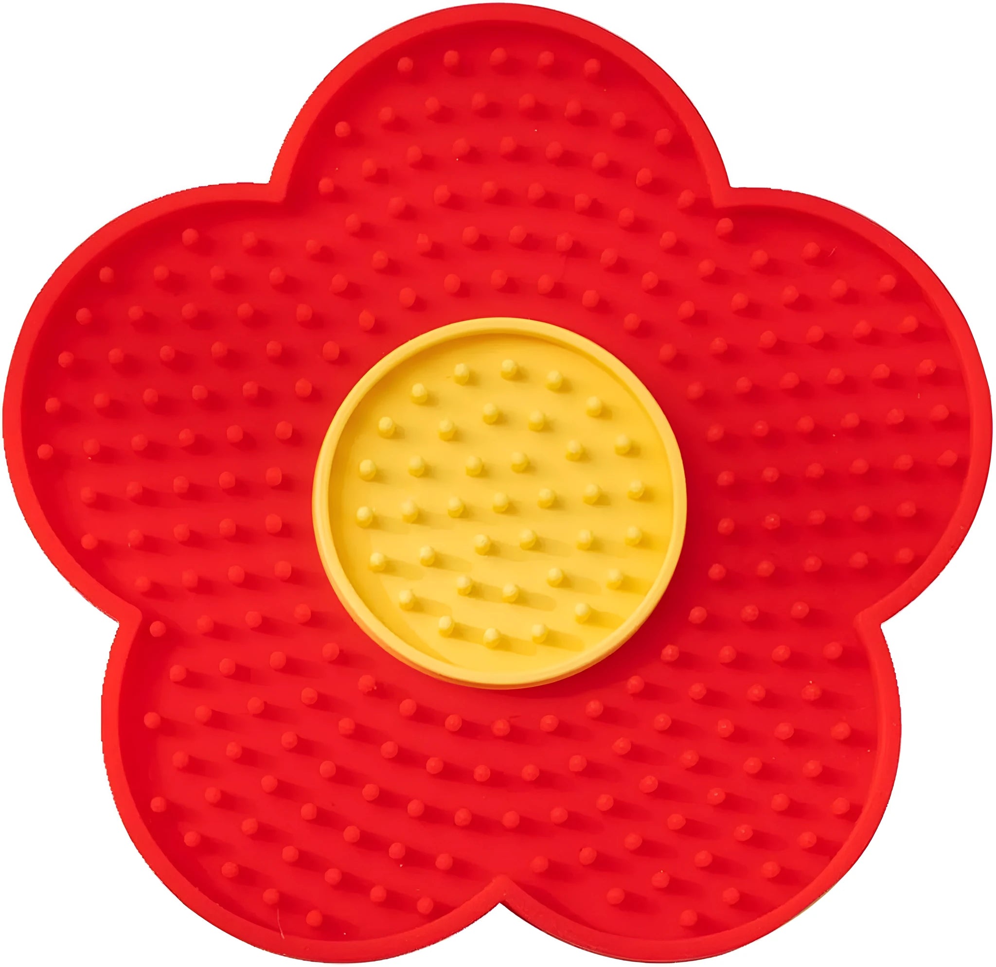 Flower-shaped silicone pet licking mat in blue with suction cups on the back, shown on a tiled surface.