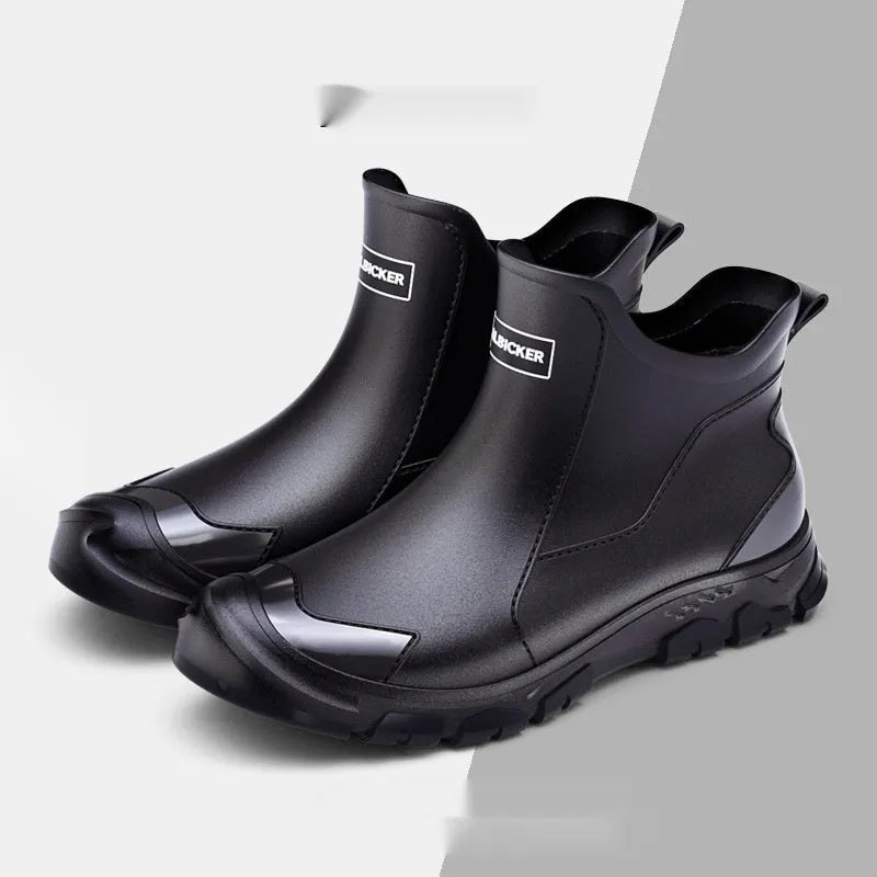 PVC outdoor wading shoes in black and red with a non-slip plastic sole and short-tube design.