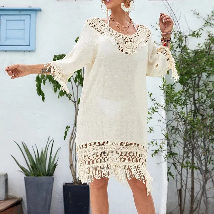 Apricot crocheted patchwork beach dress with regular sleeves and mid-length skirt