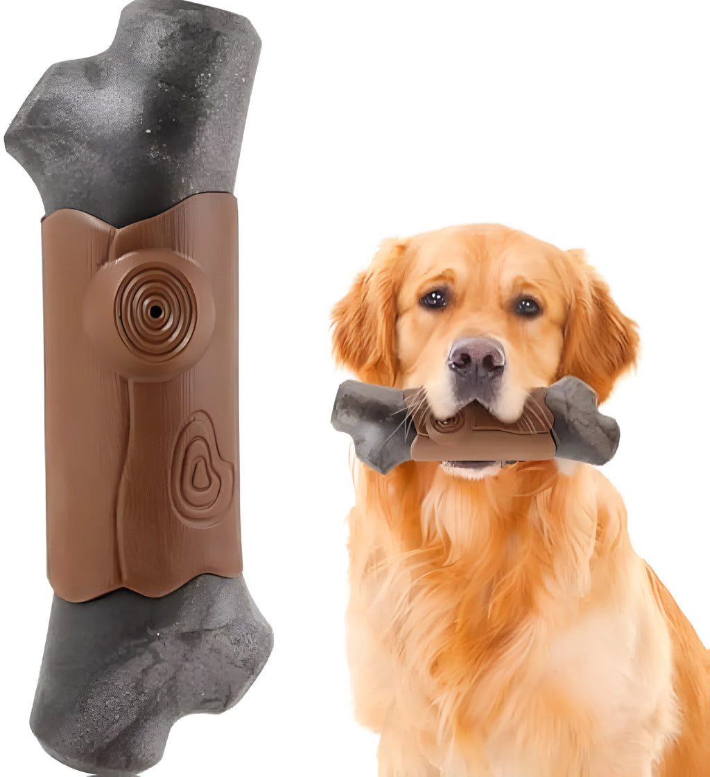 Large brown branch-shaped dog chew toy with a bacon flavour and squeaker for aggressive chewers.