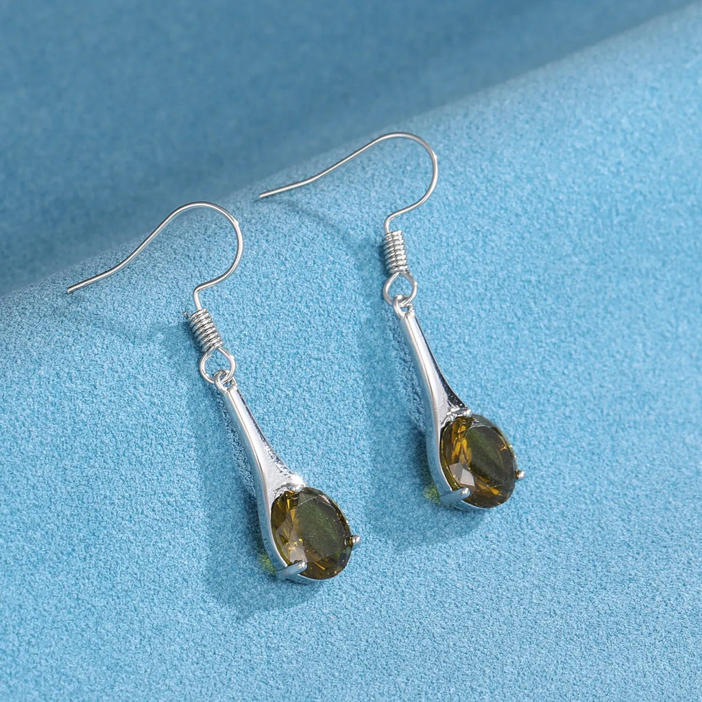 Olive green topaz water drop shaped earrings with electroplated finish and minimalist design