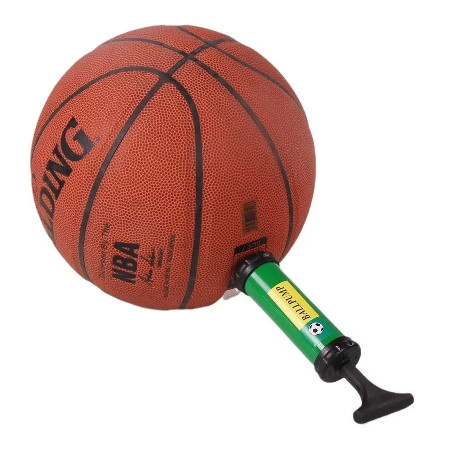 Mixed colour plastic manual hand pump for inflating basketballs, footballs, volleyballs, and balloons.