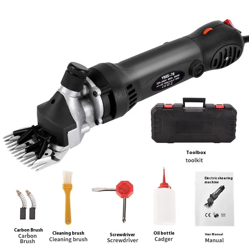 Yellow electric wool shearing machine with 13-tooth blade and multiple accessory sets in plastic storage box