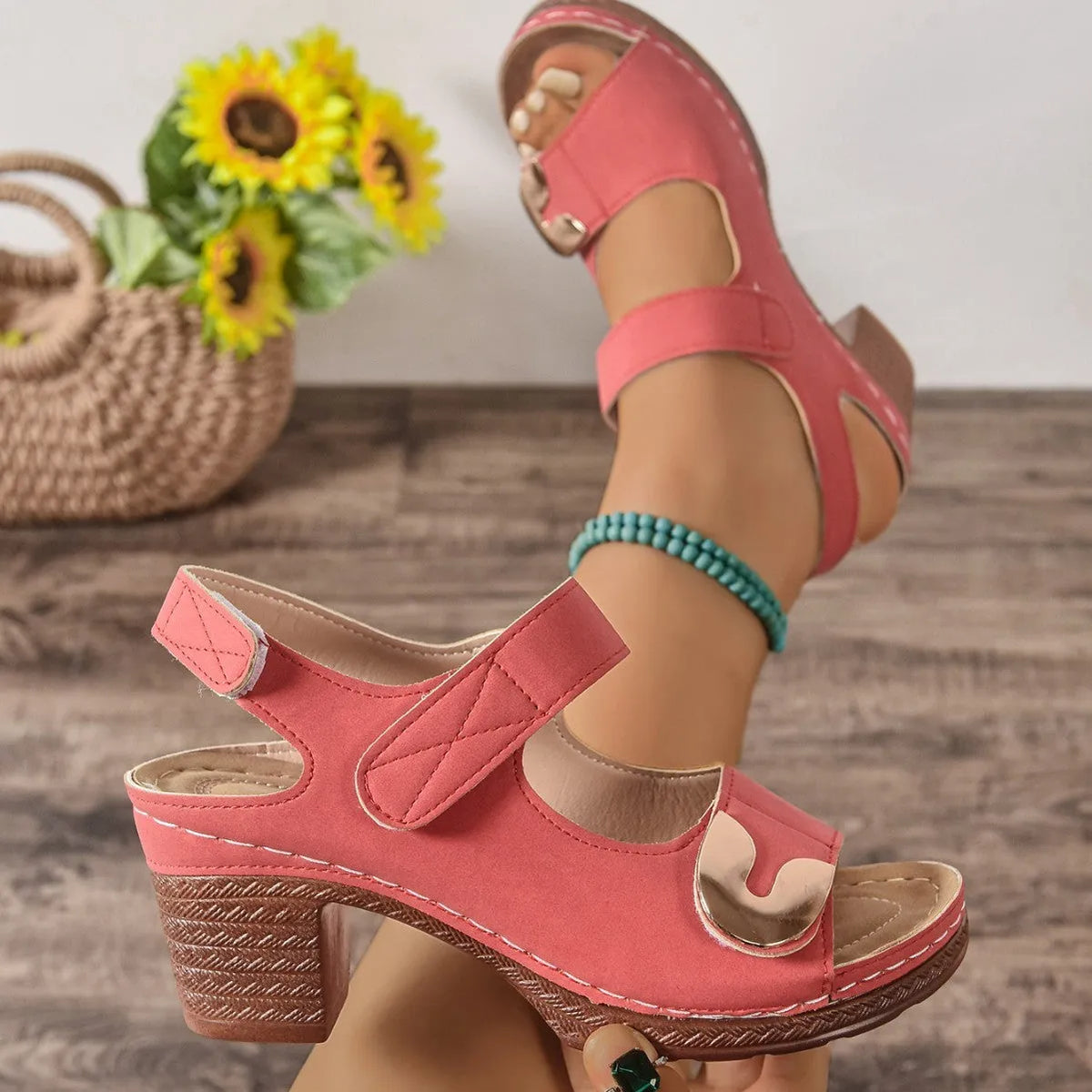 Light brown Roman sandals with adjustable hook-and-loop strap and rubber sole