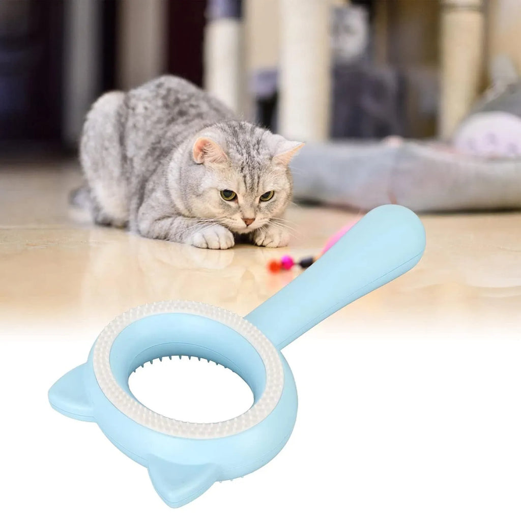 Blue and white dual-sided pet grooming brush with comfortable handle for cats and dogs