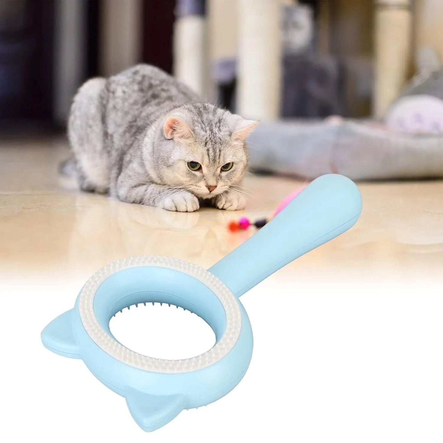 Blue and white dual-sided pet grooming brush with comfortable handle for cats and dogs