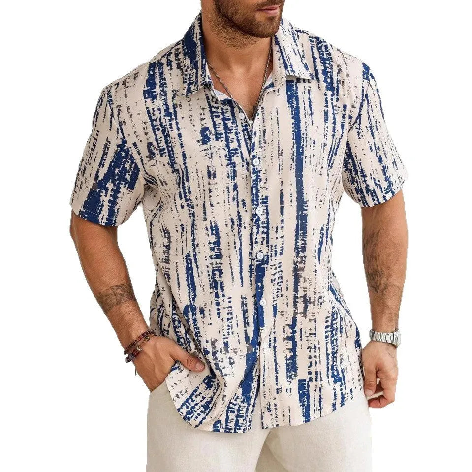 Men's striped short sleeve casual shirt with 3D printed pattern in polyester fabric