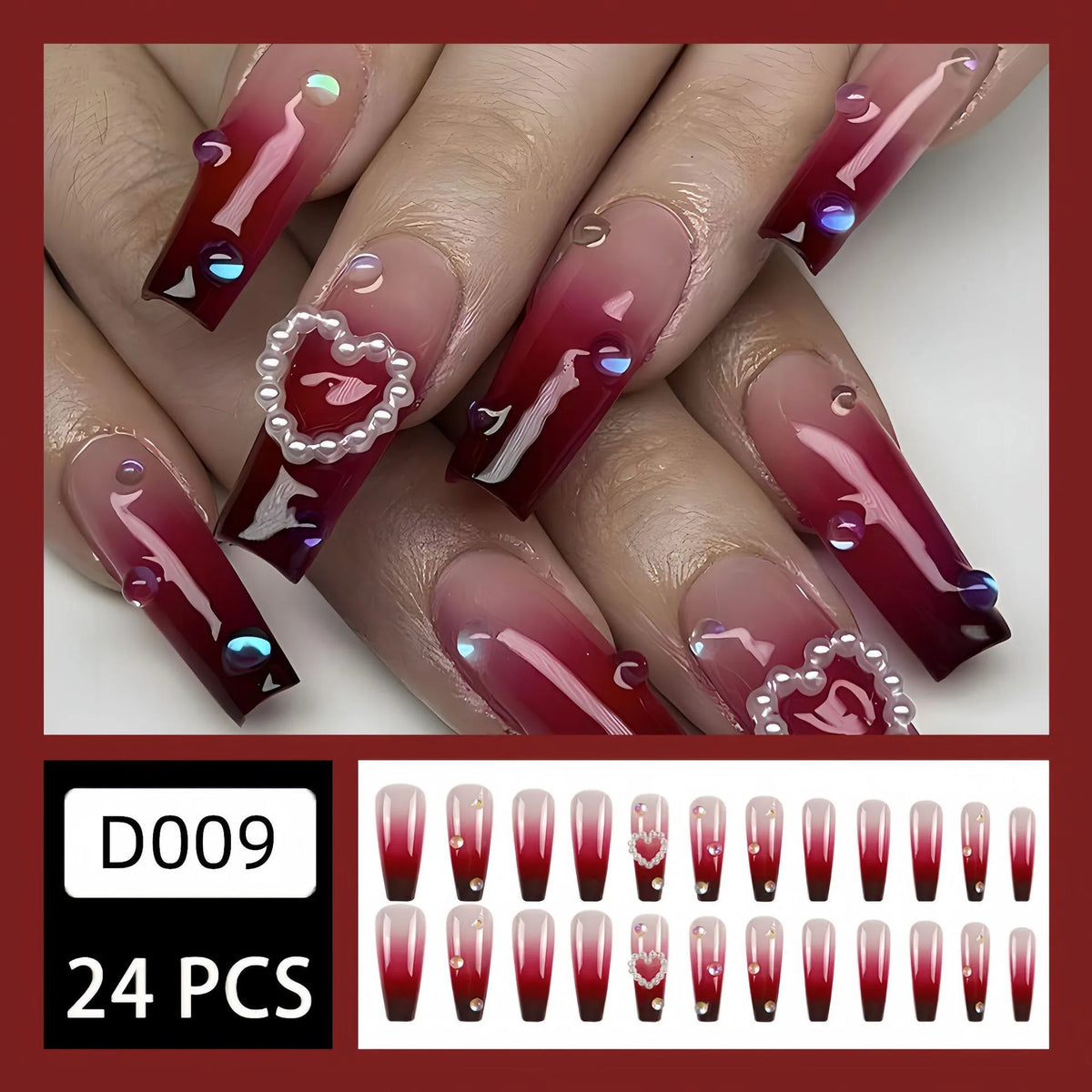 Wine red gradient false nail tips with heart pearl design and plaid pattern