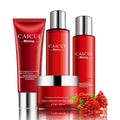 Pomegranate skin care set with four red packaged products: face wash, toner, lotion, and facial cream