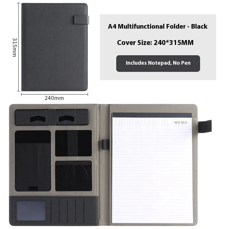 Leather A4 business folder with optional pen and notepad accessories in black colour