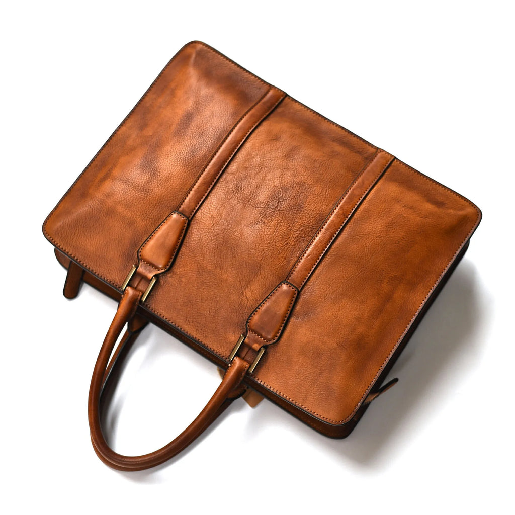 Men's horizontal leather handbag in black or khaki with zipper closure and 14 inch width