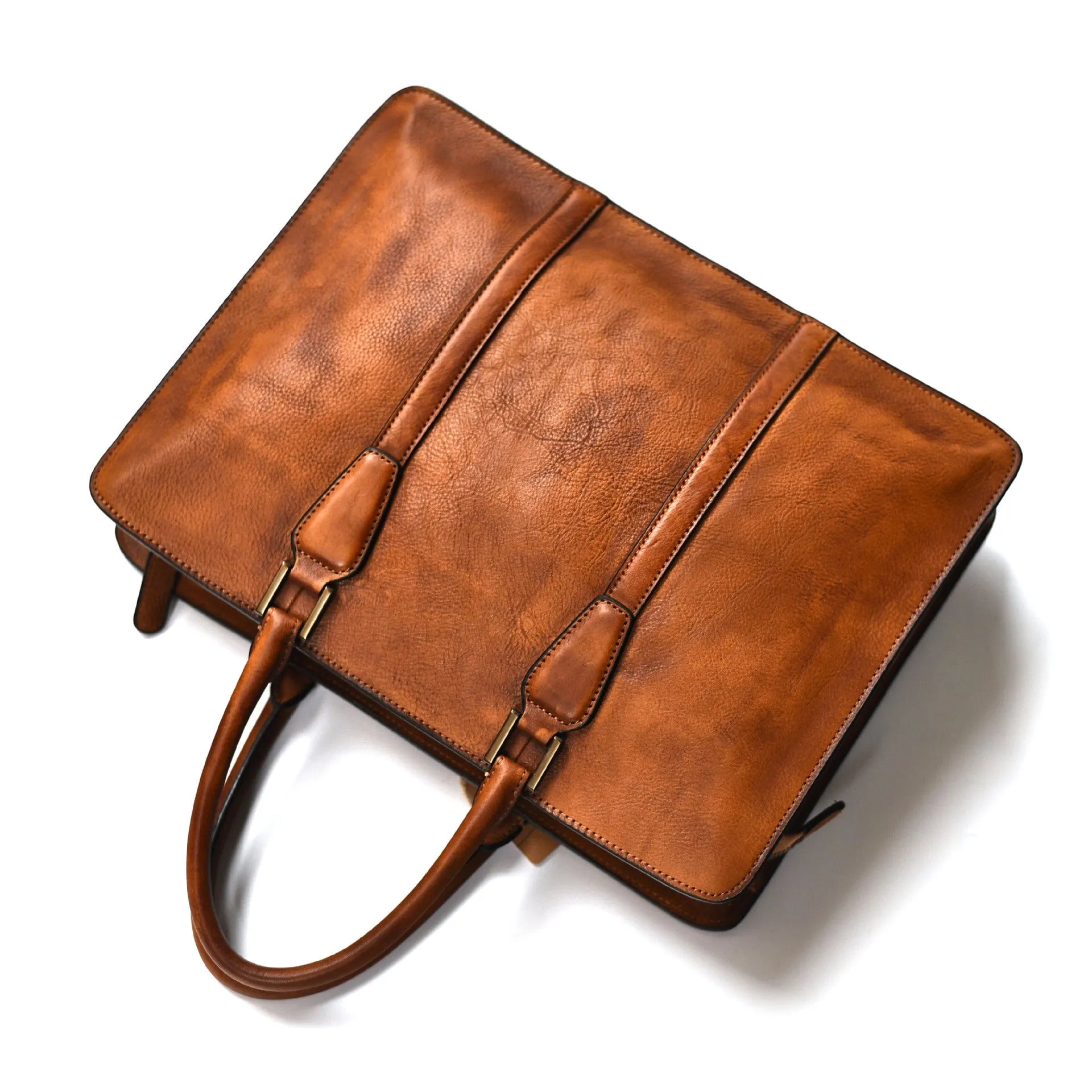 Men's horizontal leather handbag in black or khaki with zipper closure and 14 inch width
