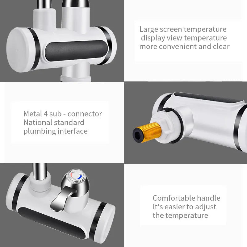 White 3000W instant electric water heater tap with digital temperature display and EU US plug options