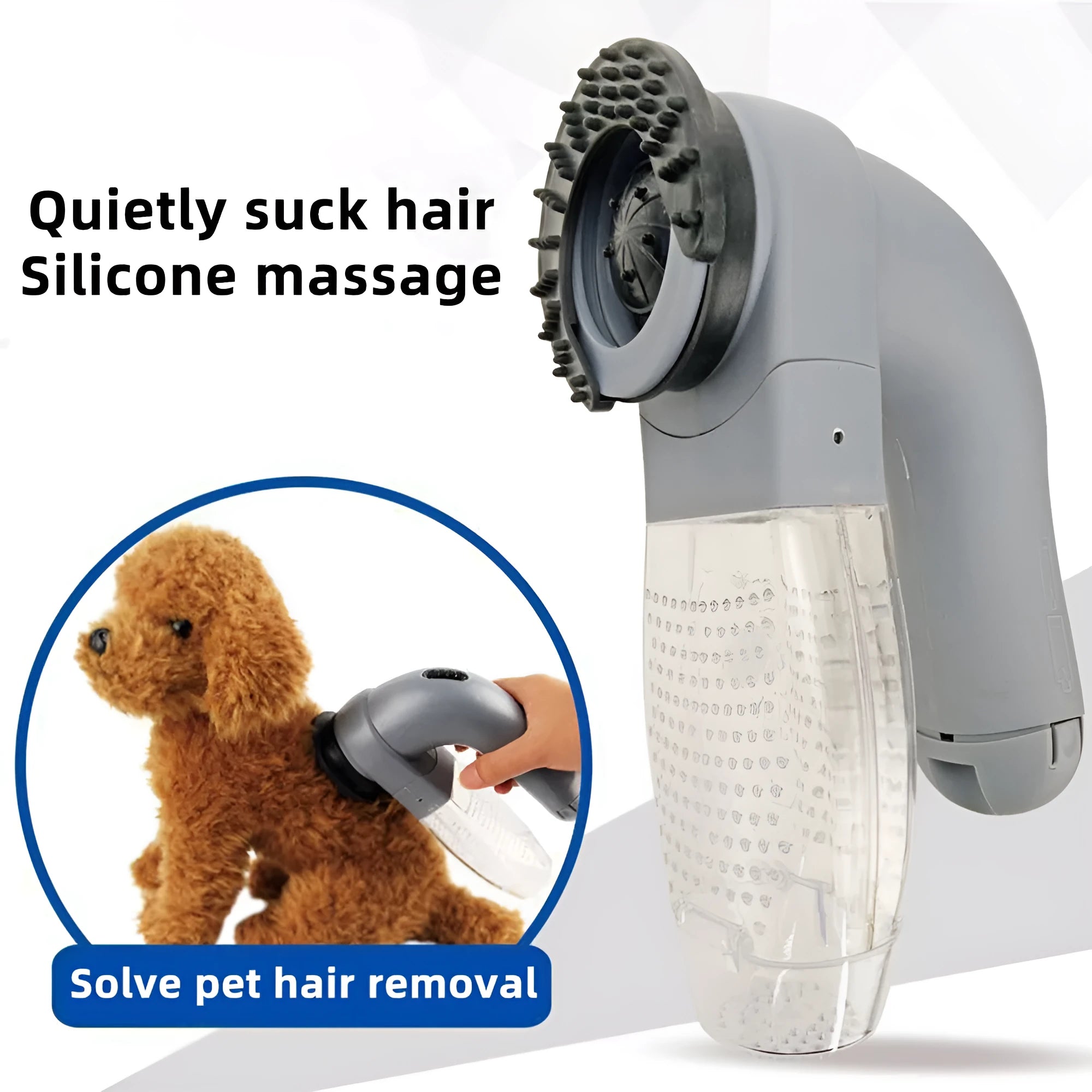 Grey portable electric pet hair vacuum cleaner with soft rubber grooming head