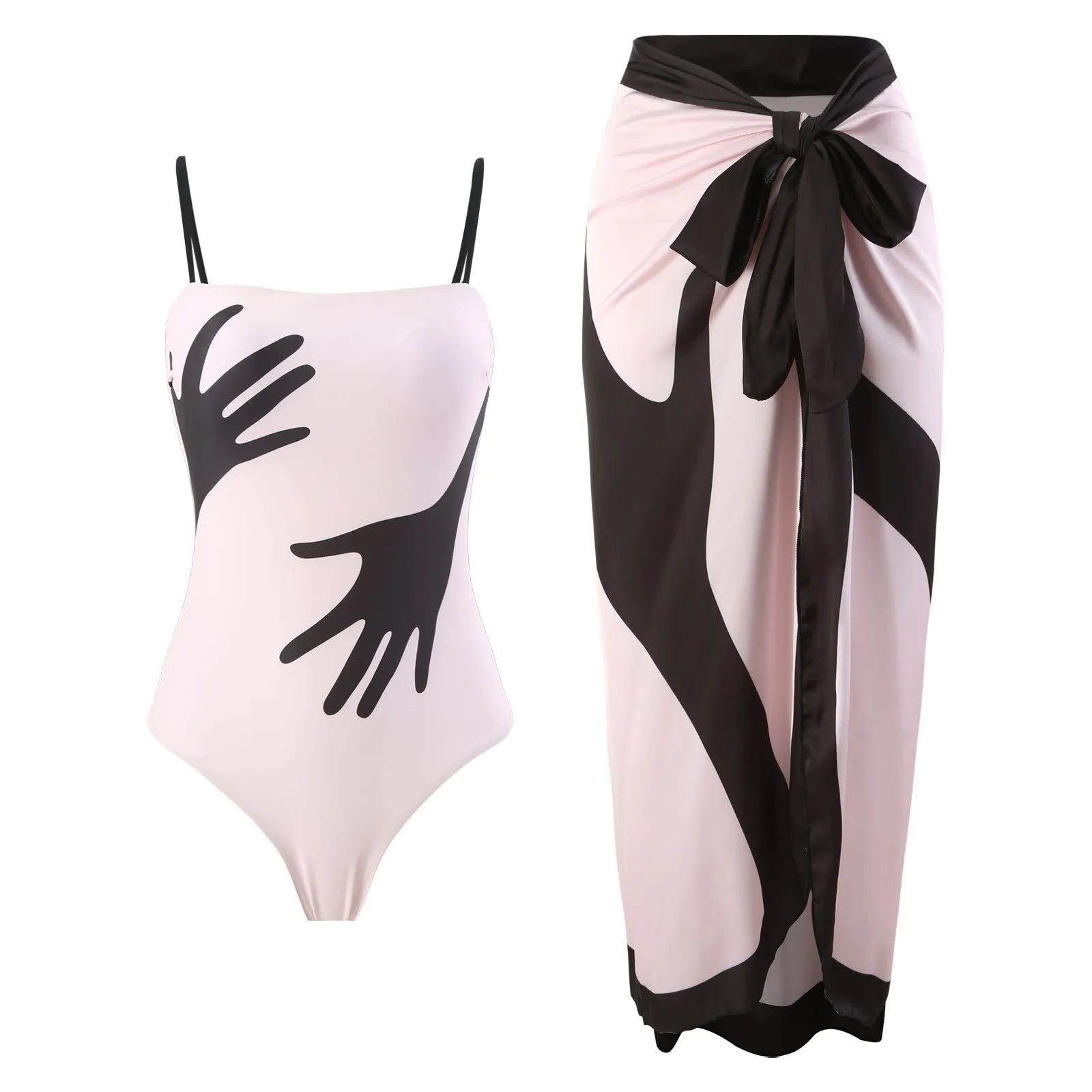 Women's patterned one-piece bikini swimsuit with a separate white tulle skirt laid flat.